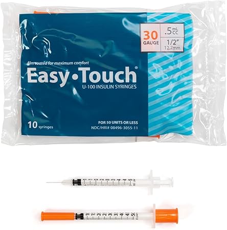 830555 EasyTouch U-100 Insulin Syringes, 30g, .5cc, 1/2″ (12.7mm), Blue