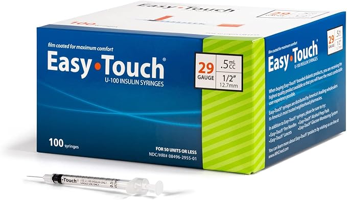 829555 EasyTouch U-100 Insulin Syringes, 29g, .5cc, 1/2″ (12.7mm), Green