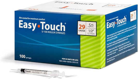 829555 EasyTouch U-100 Insulin Syringes, 29g, .5cc, 1/2″ (12.7mm), Green