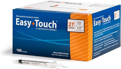 EasyTouch® U-100 Insulin Syringes – 27g, 1cc, 1/2″(12.7mm), Orange (SKU: 827155)