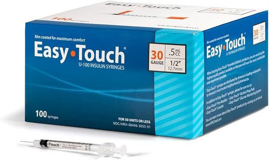 830555 EasyTouch U-100 Insulin Syringes, 30g, .5cc, 1/2″ (12.7mm), Blue