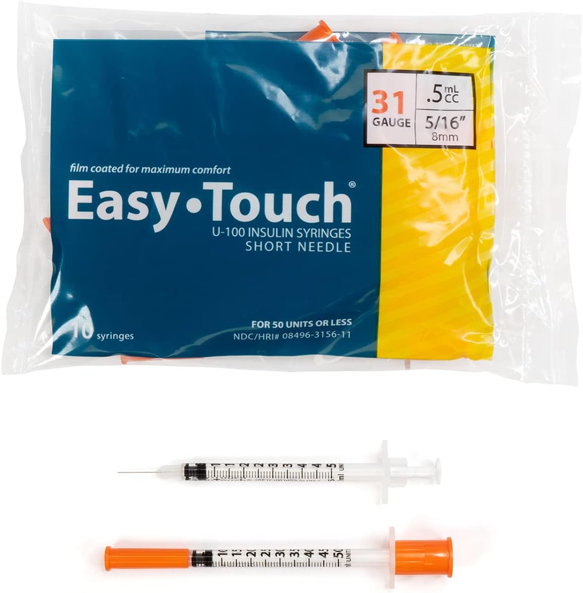 EasyTouch® U-100 Insulin Syringes – 31G, 0.5cc, 5/16" (8mm), Yellow (SKU: 831565)