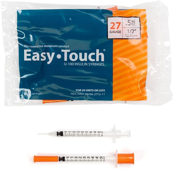 827555 EasyTouch U-100 Insulin Syringes, 27g, .5cc, 1/2 (12.7mm), Orange