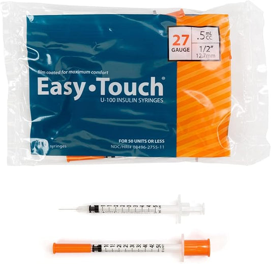 827555 EasyTouch U-100 Insulin Syringes, 27g, .5cc, 1/2 (12.7mm), Orange