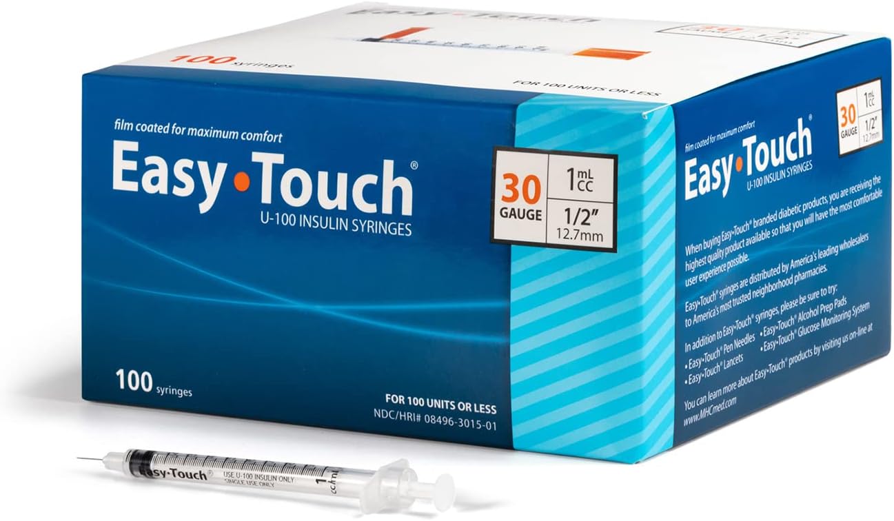 830155 EasyTouch U-100 Insulin Syringes, 30g, 1cc, 1/2 (12.7mm), Blue