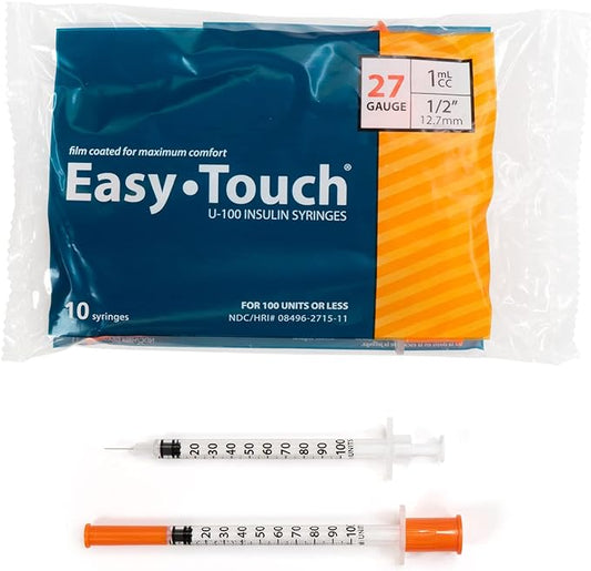 EasyTouch® U-100 Insulin Syringes – 27g, 1cc, 1/2″(12.7mm), Orange (SKU: 827155)