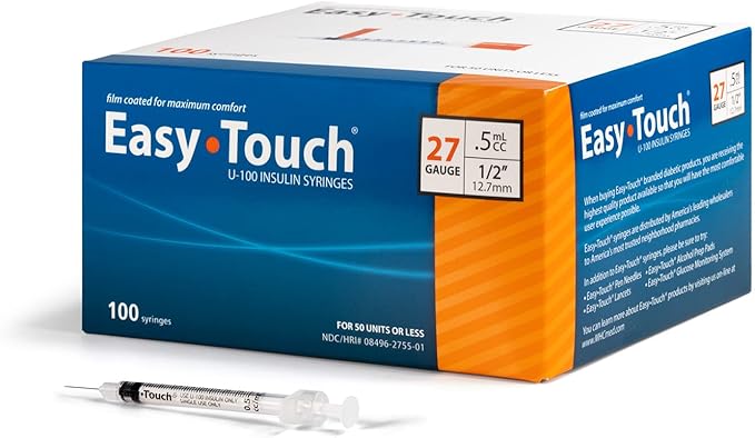 827555 EasyTouch U-100 Insulin Syringes, 27g, .5cc, 1/2 (12.7mm), Orange