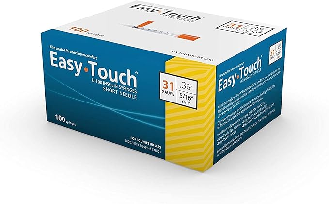 EasyTouch® U-100 Insulin Syringes – 31G, 0.3cc, 5/16" (8mm), Yellow (SKU: 831365)