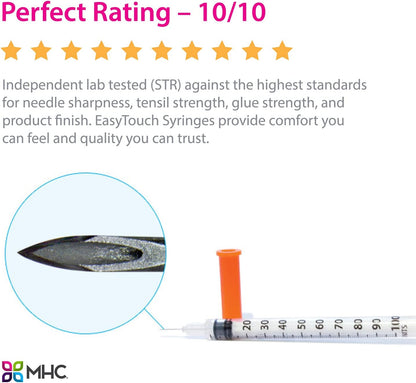 EasyTouch® U-100 Insulin Syringes – 31G, 0.3cc, 5/16" (8mm), Yellow (SKU: 831365)