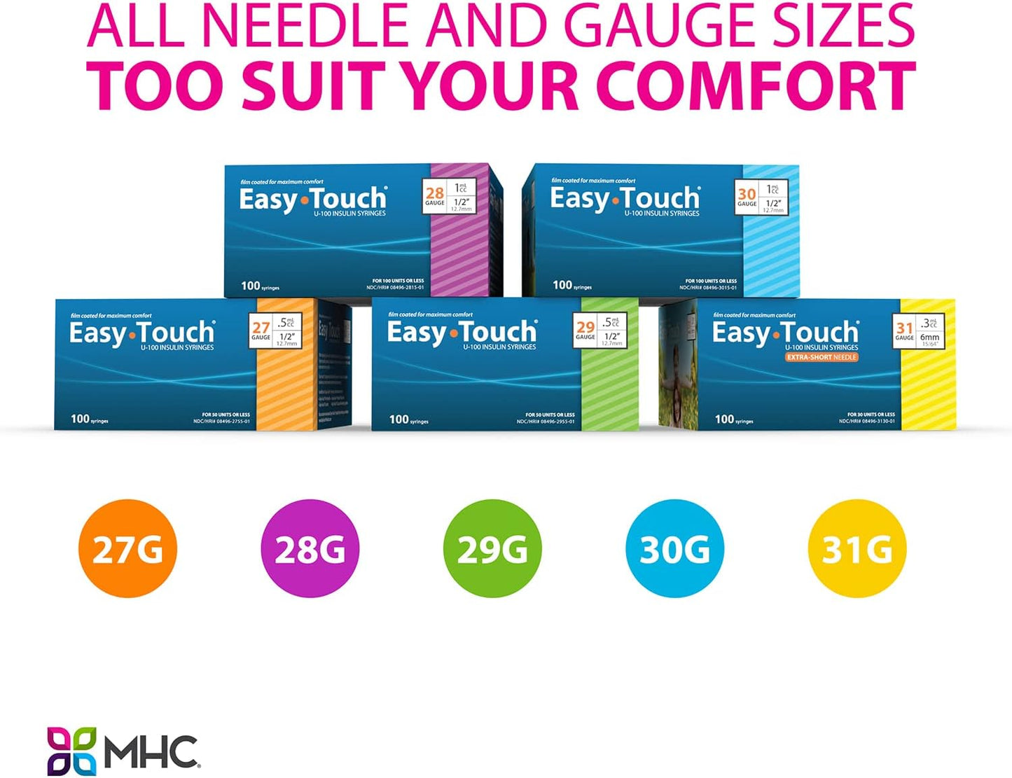 EasyTouch® U-100 Insulin Syringes – 31G, 0.3cc, 5/16" (8mm), Yellow (SKU: 831365)